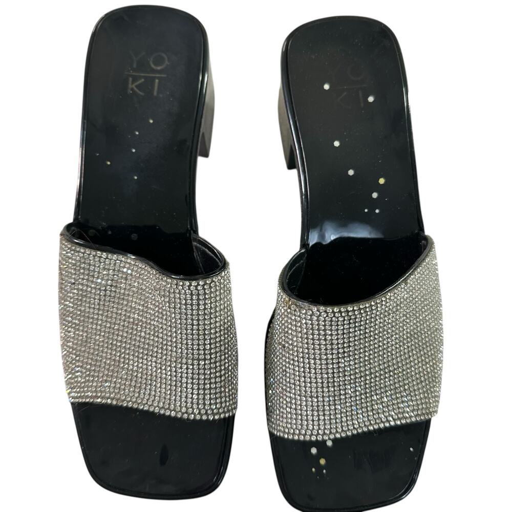 Womens Heels Size 8 Chunky Slip On-Shoes Black Silver Rhinestones Bedazzled Glam